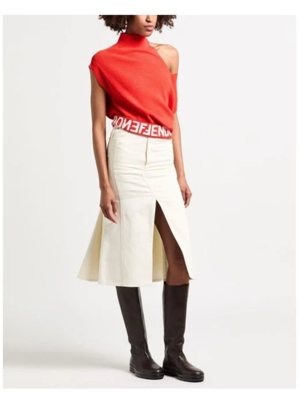 Fendi Red Asymmetric Off-Shoulder Short Sleeve Top